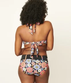 Unique Vintage Swim Tops|Two Piece Swim>Pink & Blue Floral Print Forever Glam Swim Top