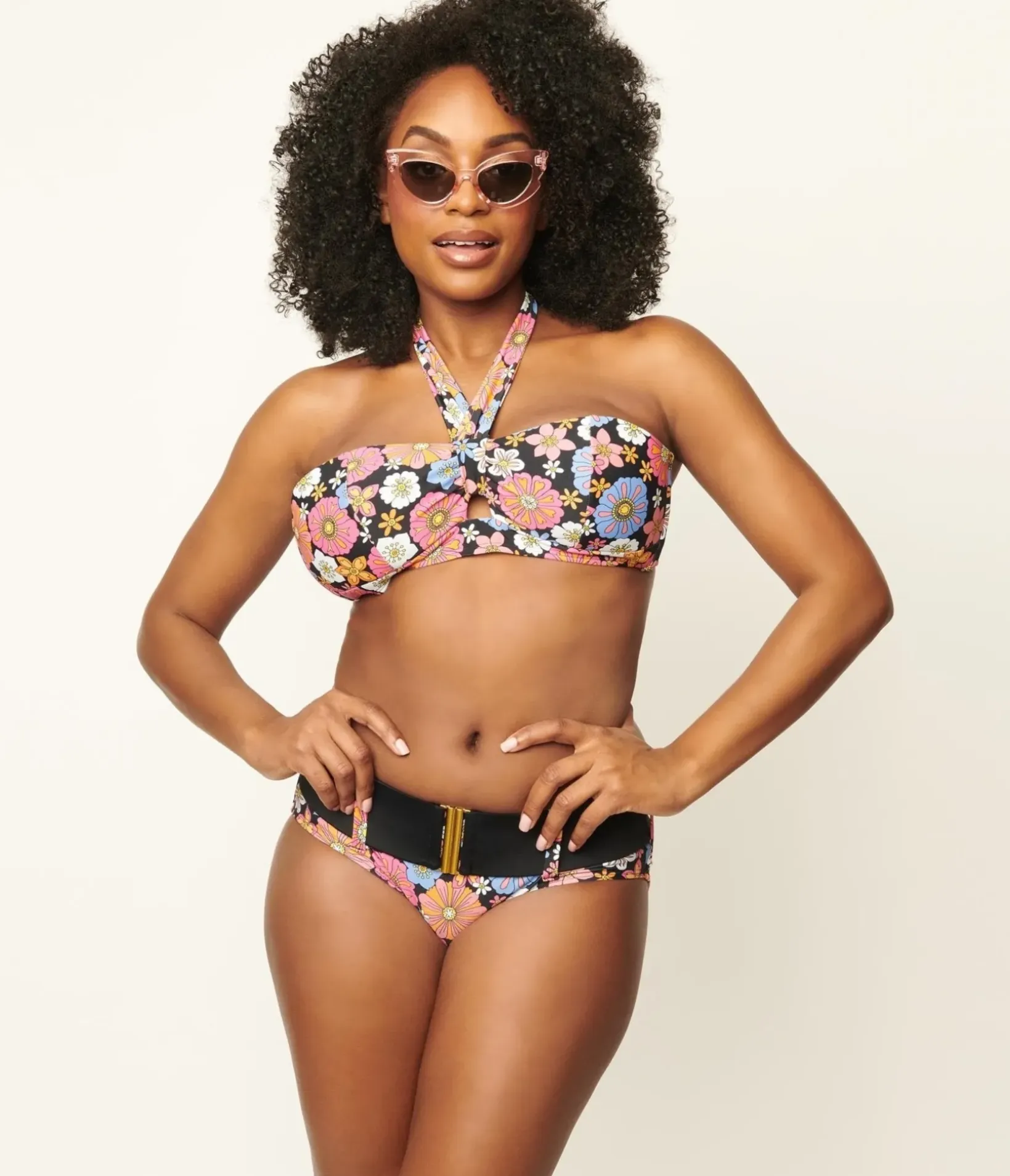 Unique Vintage Swim Tops|Two Piece Swim>Pink & Blue Floral Print Forever Glam Swim Top