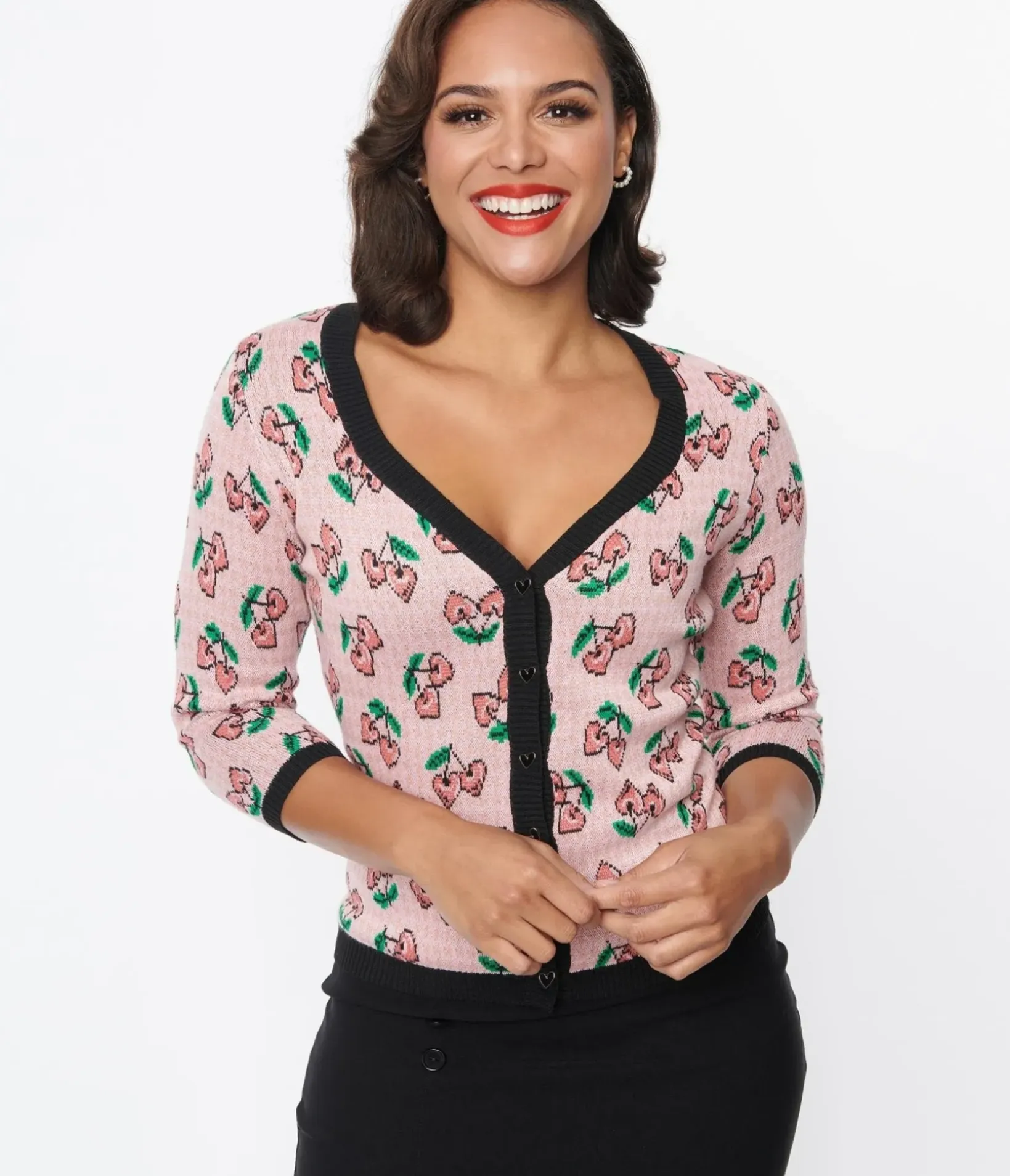Unique Vintage Sweaters & Cardigans|All Things Pink>Pink & Cherry Hearts Cardigan