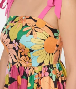 Unique Vintage Midi|Pocket Dresses>Pink Floral Tiered Midi Dress