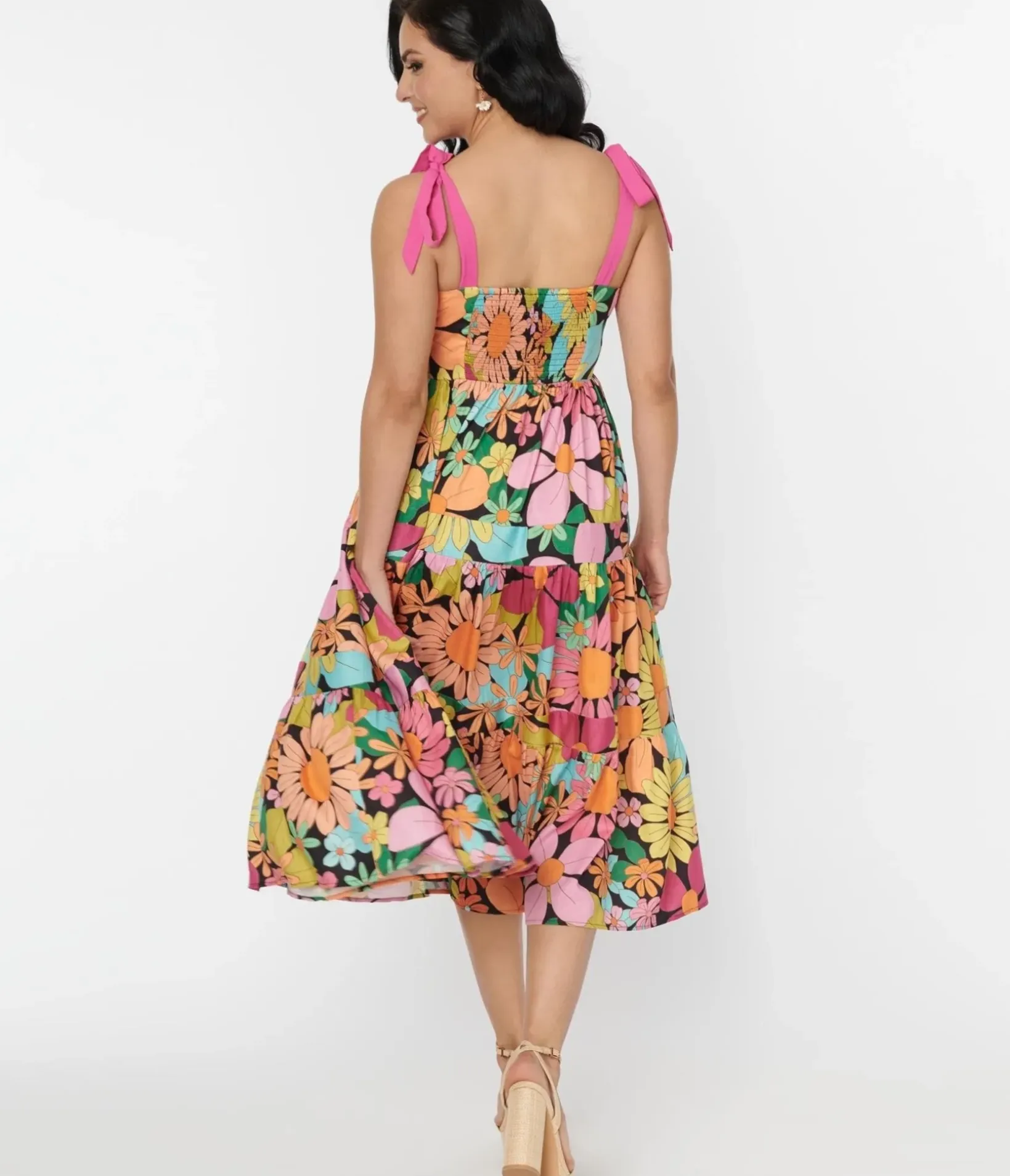 Unique Vintage Midi|Pocket Dresses>Pink Floral Tiered Midi Dress