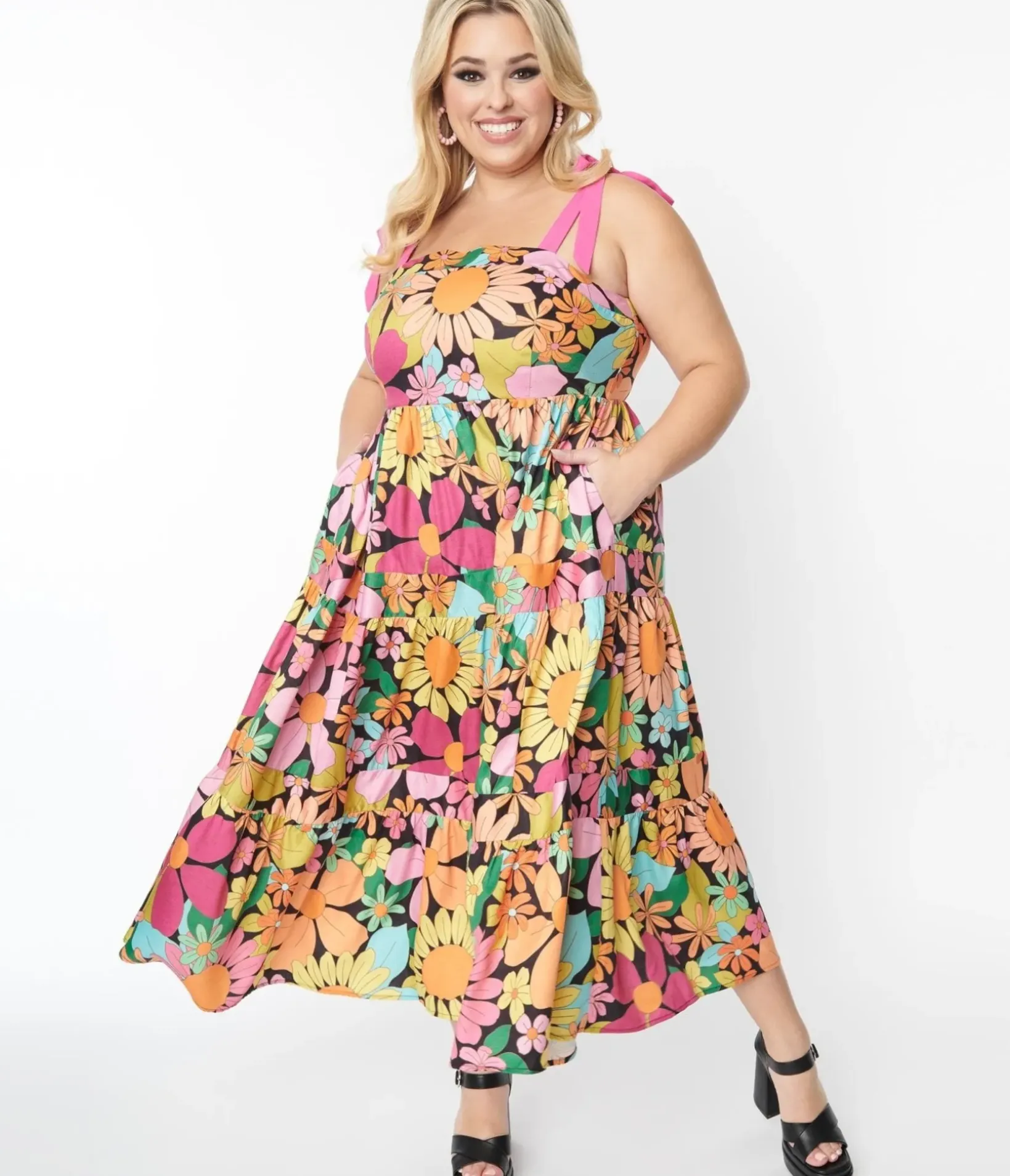 Unique Vintage Midi|Pocket Dresses>Pink Floral Tiered Midi Dress
