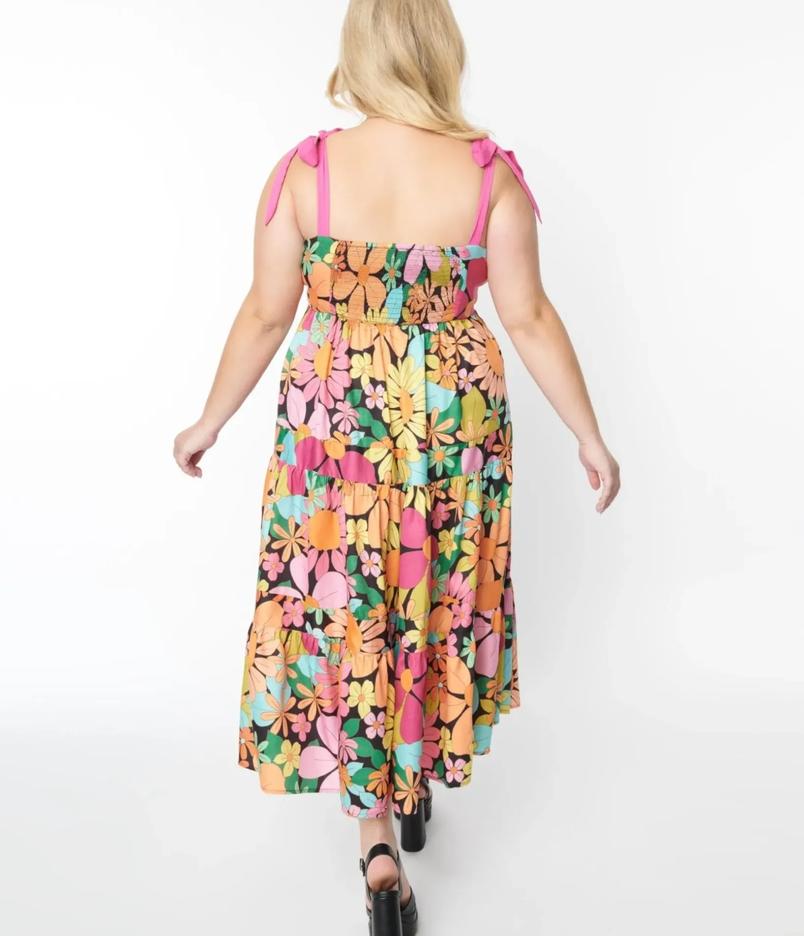 Unique Vintage Midi|Pocket Dresses>Pink Floral Tiered Midi Dress