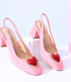 Unique Vintage Heels|All Things Pink>Pink Heart Leatherette Slingback Heels