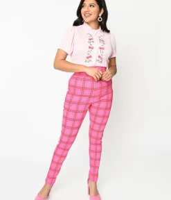 Unique Vintage Pants|All Things Pink>Pink & Red Plaid High Waist Cigarette Pants