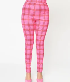 Unique Vintage Pants|All Things Pink>Pink & Red Plaid High Waist Cigarette Pants