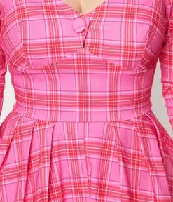 Unique Vintage Swing|Everyday Dresses>Pink & Red Plaid Lamar Swing Dress