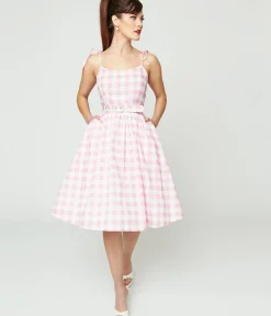 Unique Vintage Swing|Everyday Dresses>Pink & White Gingham Bobbie Swing Dress
