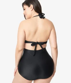 Unique Vintage Two Piece Swim|Swim Tops>Plus Size All Black Monroe Bikini Top