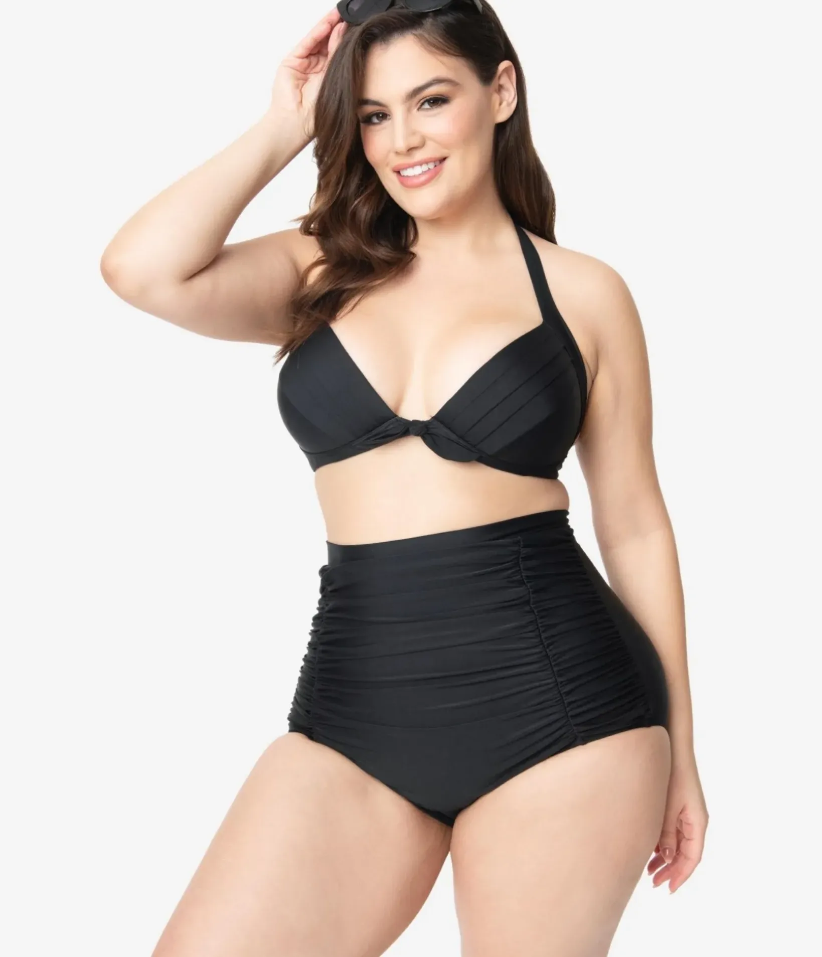 Unique Vintage Two Piece Swim|Swim Tops>Plus Size All Black Monroe Bikini Top
