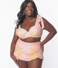 Unique Vintage Two Piece Swim|Swim Tops>Plus Size Avocado & Multicolor Daisy Print Totally Tied Up Swim Top