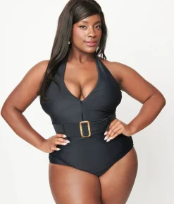 Unique Vintage One Piece Swim|One Piece Swim>Plus Size Black Belted Halter Swimsuit