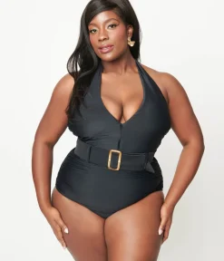 Unique Vintage One Piece Swim|One Piece Swim>Plus Size Black Belted Halter Swimsuit