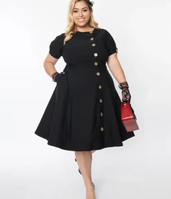 Unique Vintage Swing|Pocket Dresses>Plus Size Black Button Swing Dress