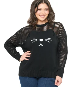 Unique Vintage Sweaters & Cardigans|Sweaters & Cardigans>Plus Size Black Cat Open Weave Cotton Sweater