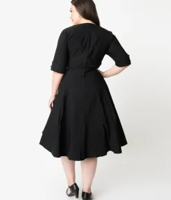 Unique Vintage Swing|Pocket Dresses>Plus Size Black Delores Swing Dress with Sleeves