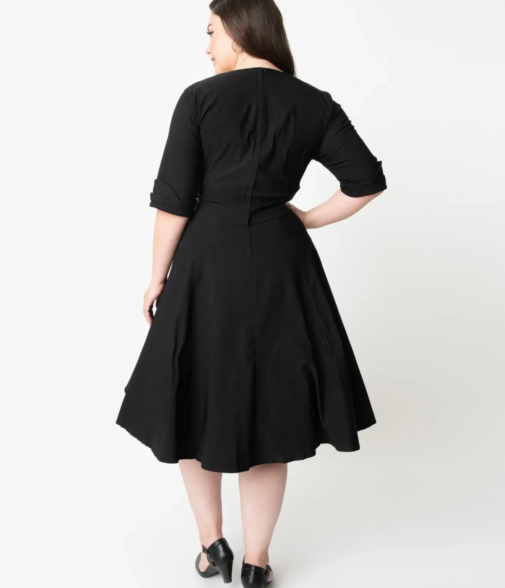 Unique Vintage Swing|Pocket Dresses>Plus Size Black Delores Swing Dress with Sleeves
