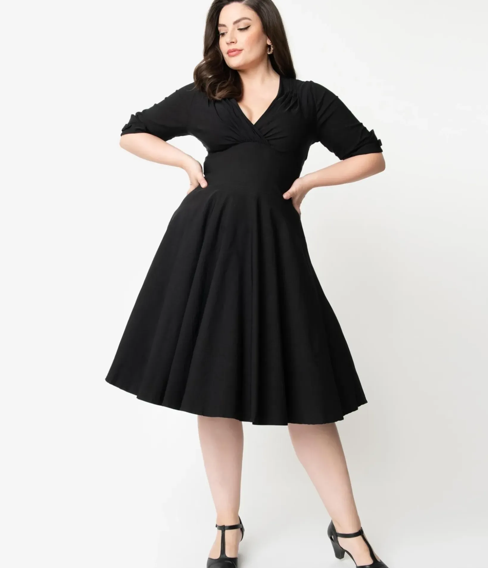 Unique Vintage Swing|Pocket Dresses>Plus Size Black Delores Swing Dress with Sleeves