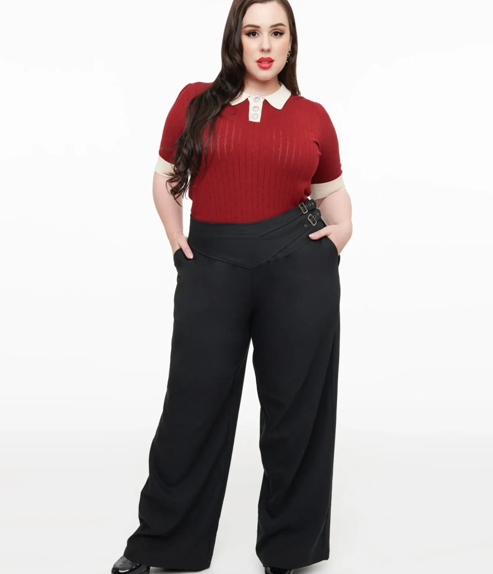 Unique Vintage Pants|Pants>Plus Size Black Double Belt Woven Pants