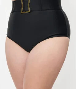 Unique Vintage Two Piece Swim|Swim Bottoms>Plus Size Black High Waist Belted Swim Bottom