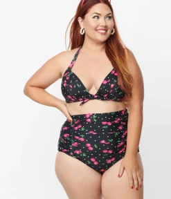 Unique Vintage Swim Tops|Plus Size Swim>Plus Size Black & Hot Pink Cherry Pin Dot Monroe Swim Top