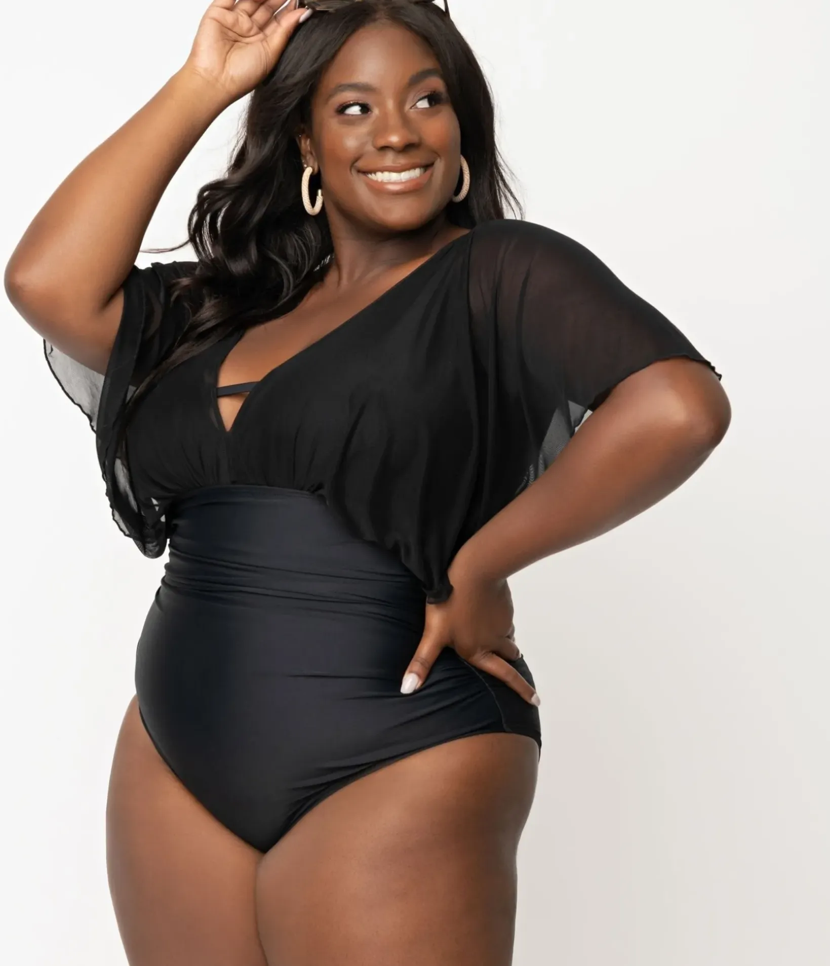 Unique Vintage One Piece Swim|One Piece Swim>Plus Size Black Mesh Sleeved Torrey Swimsuit