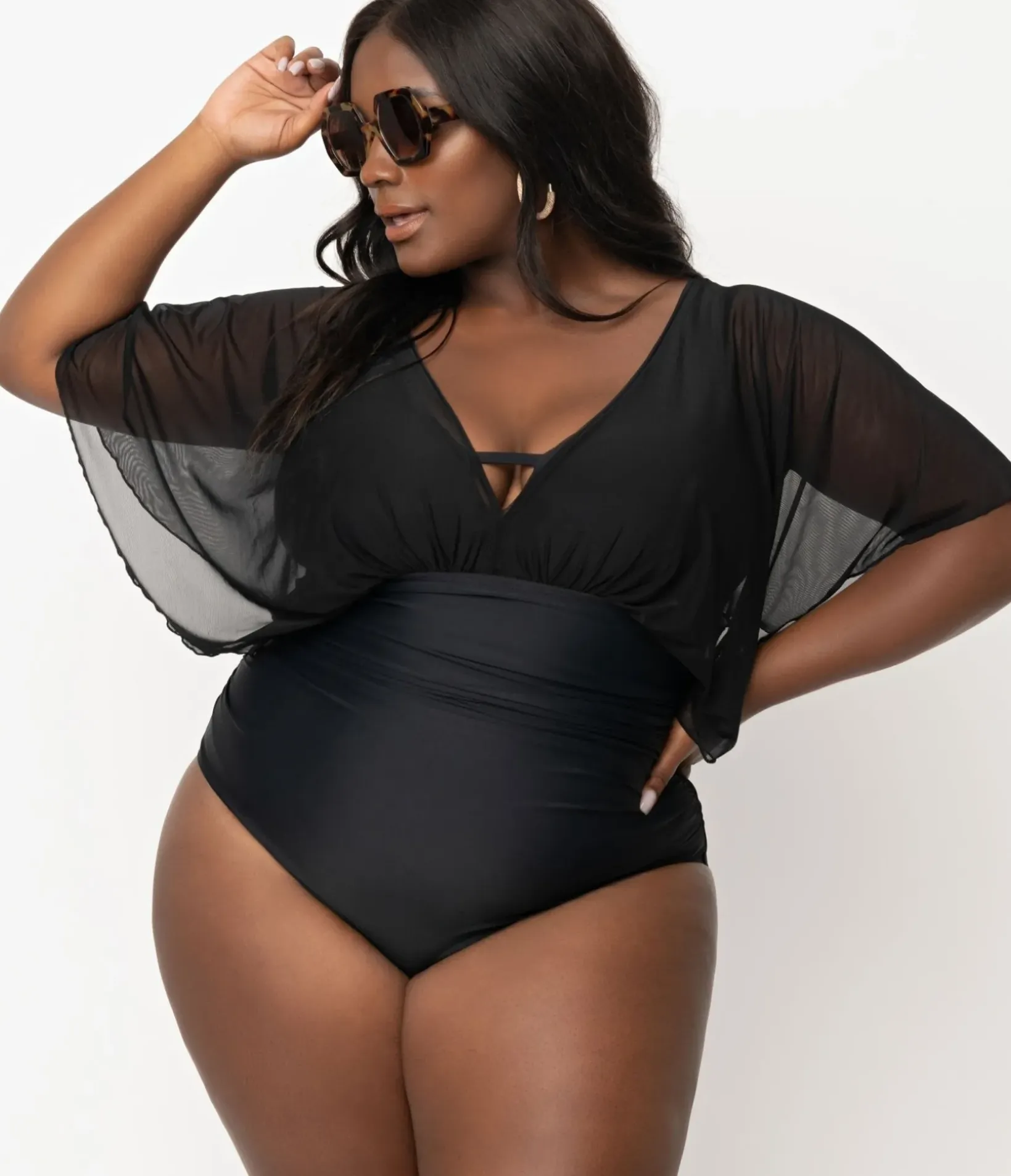 Unique Vintage One Piece Swim|One Piece Swim>Plus Size Black Mesh Sleeved Torrey Swimsuit