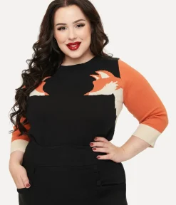 Unique Vintage Sweaters & Cardigans|Sweaters & Cardigans>Plus Size Black & Orange Fox Sleeve Minou Sweater