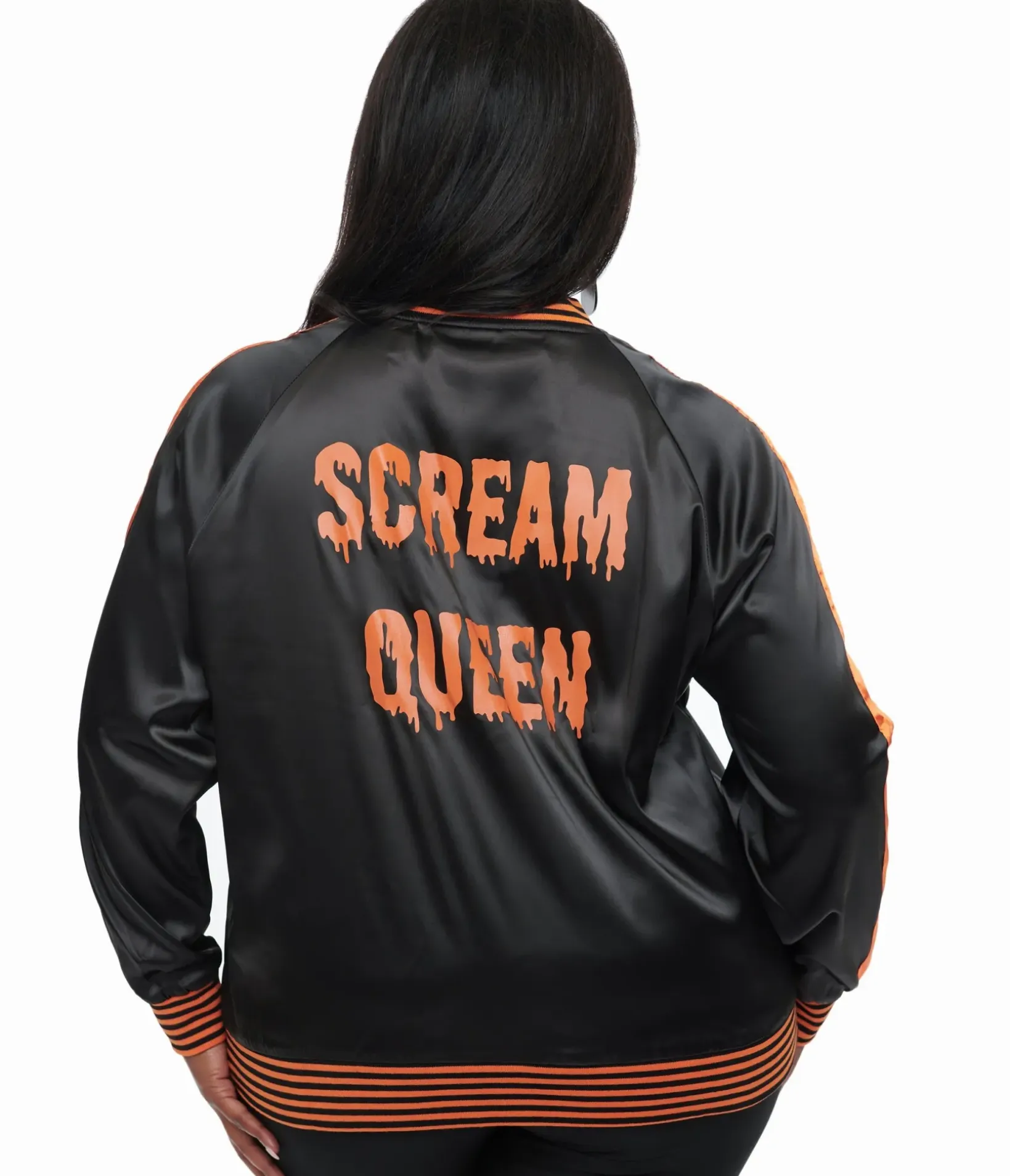 Unique Vintage Jackets|Coats & Jackets>Plus Size Black & Orange Scream Queen Satin Bomber Jacket