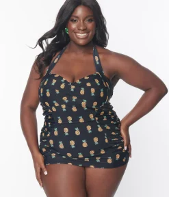 Unique Vintage One Piece Swim|Plus Size Swim>Plus Size Black & Pineapple Print Corinne Sheath Swimsuit