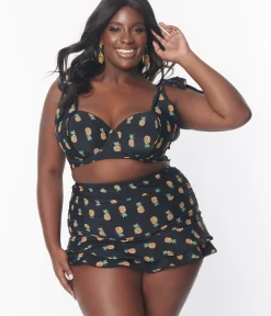 Unique Vintage Two Piece Swim|Swim Tops>Plus Size Black & Pineapple Print Totally Tied Up Swim Top