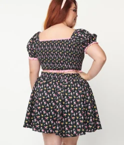 Unique Vintage Blouses|All Things Pink>Plus Size Black & Pink Ditsy Floral Crop Top