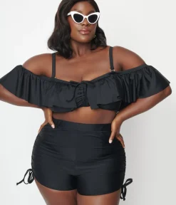 Unique Vintage Two Piece Swim|Swim Bottoms>Plus Size Black Pull Tie Swim Shorts
