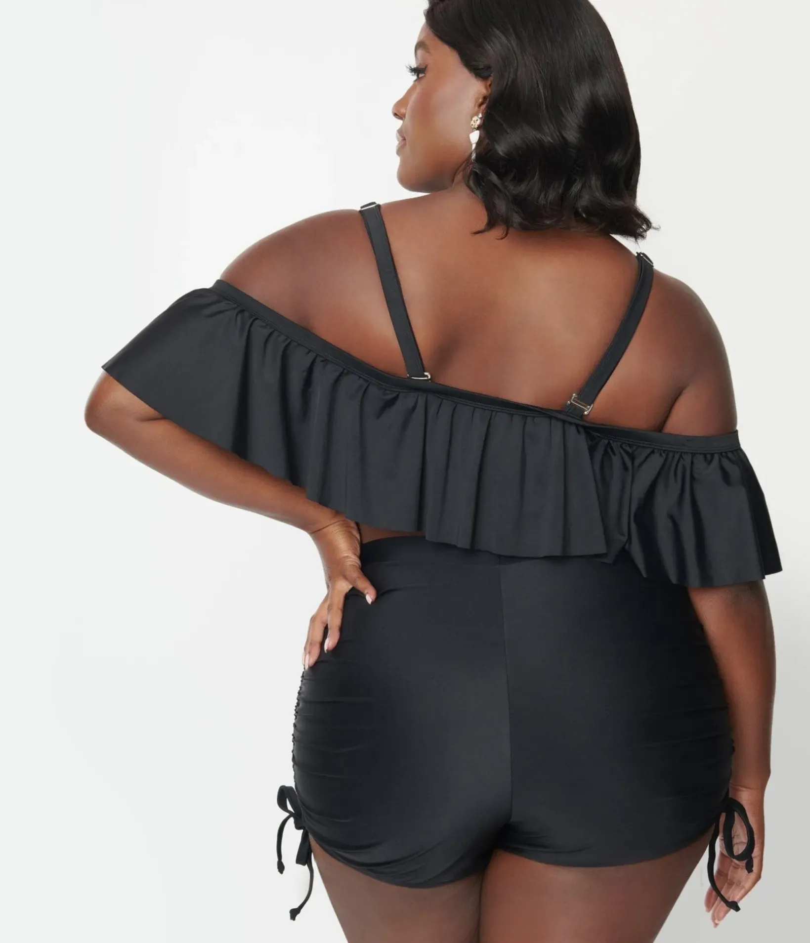 Unique Vintage Two Piece Swim|Swim Bottoms>Plus Size Black Pull Tie Swim Shorts