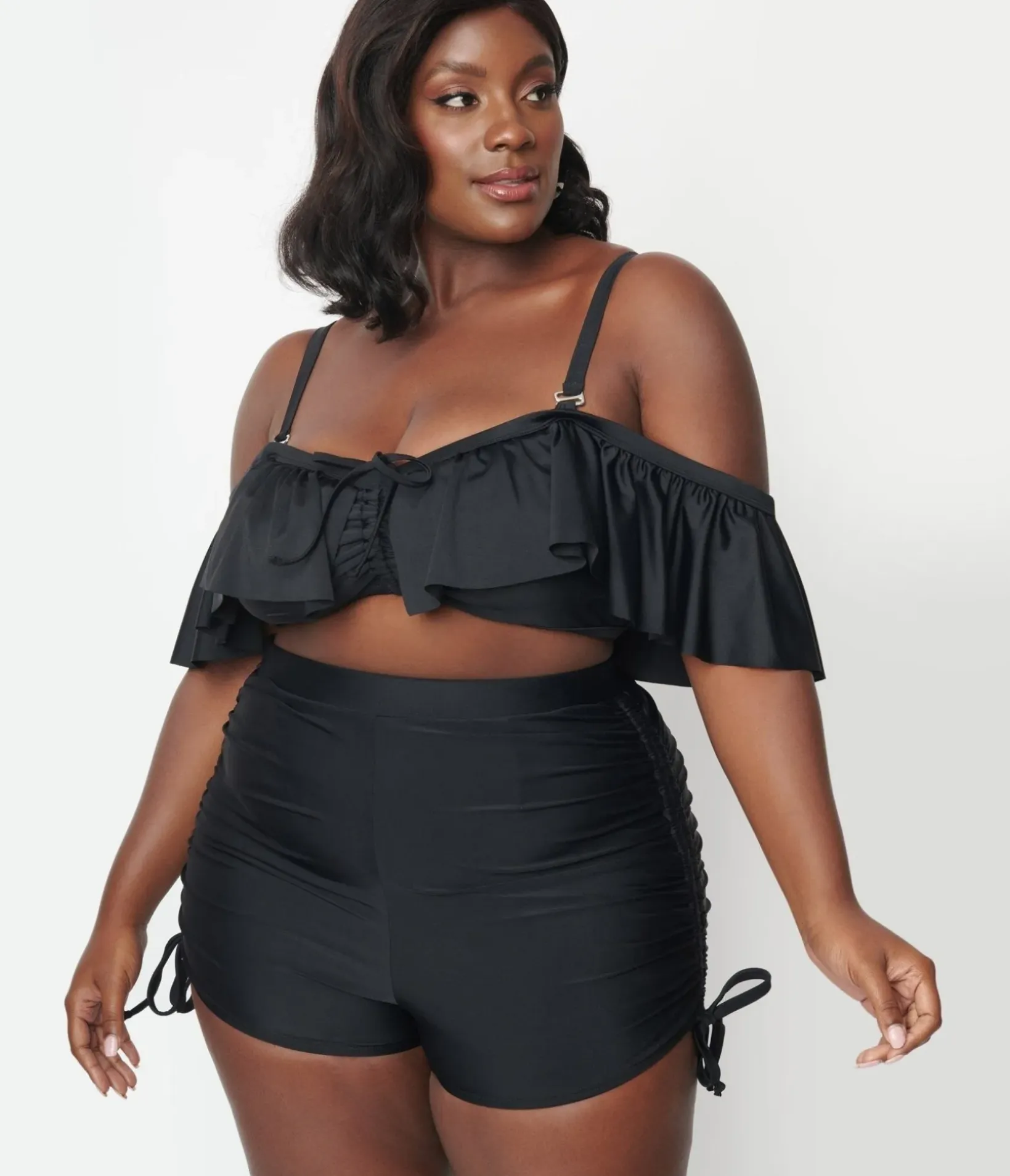 Unique Vintage Two Piece Swim|Swim Bottoms>Plus Size Black Pull Tie Swim Shorts