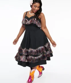 Unique Vintage Swing|Swing>Plus Size Black & Rainbow Fringe Girlie Swing Dress