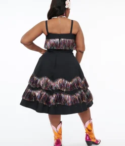 Unique Vintage Swing|Swing>Plus Size Black & Rainbow Fringe Girlie Swing Dress