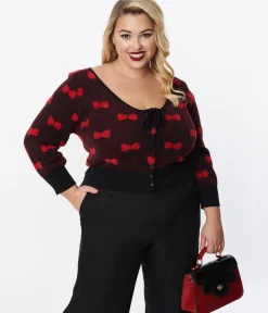Unique Vintage Sweaters & Cardigans|Sweaters & Cardigans>Plus Size Black & Red Bows Dandy Cardigan