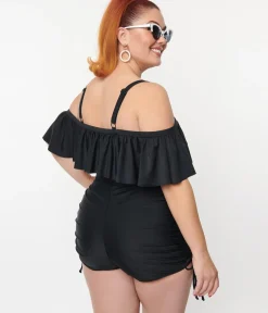 Unique Vintage Two Piece Swim|Swim Tops>Plus Size Black Ruffled Swim Top
