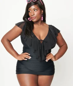 Unique Vintage One Piece Swim|One Piece Swim>Plus Size Black Ruffle Sheath Swimsuit