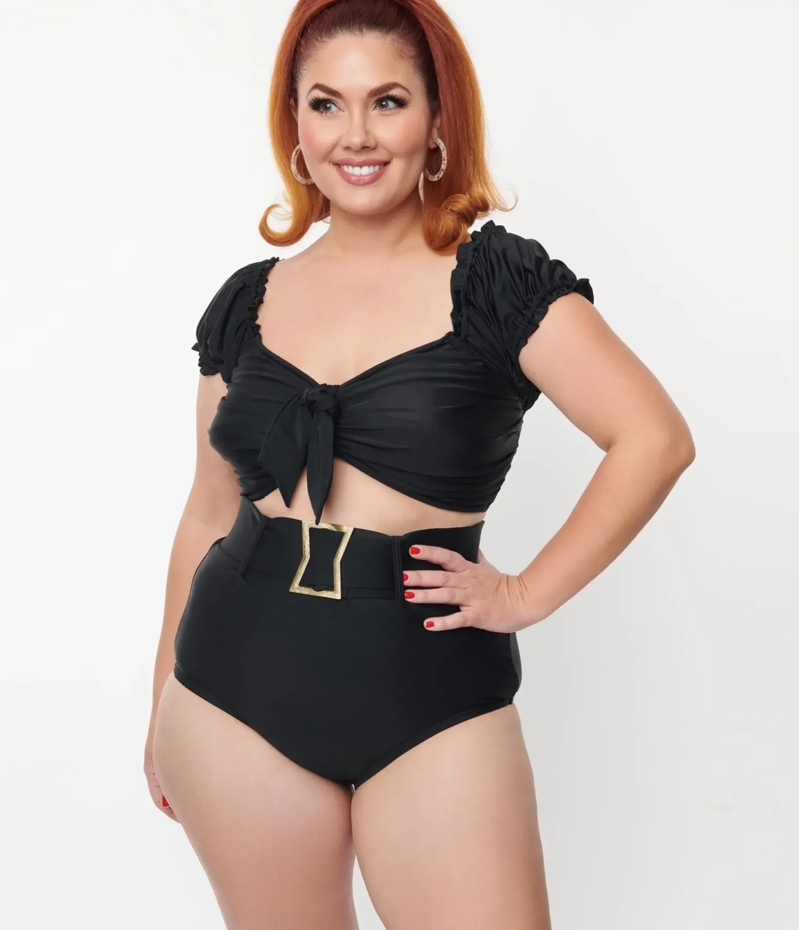 Unique Vintage Swim Tops|Two Piece Swim>Plus Size Black Shirred Bow Bandeau Swim Top