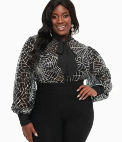 Unique Vintage Blouses|Blouses>Plus Size Black & Silver Sequin Spiderweb Sheer Gwen Blouse