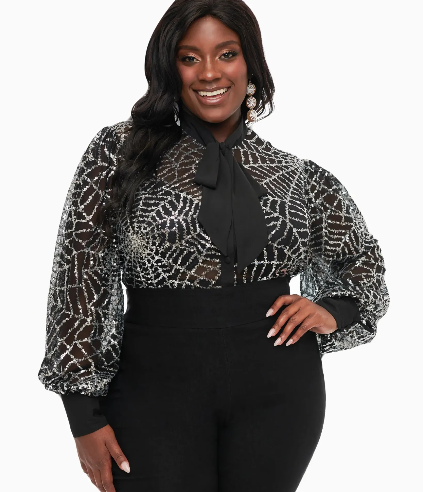 Unique Vintage Blouses|Blouses>Plus Size Black & Silver Sequin Spiderweb Sheer Gwen Blouse