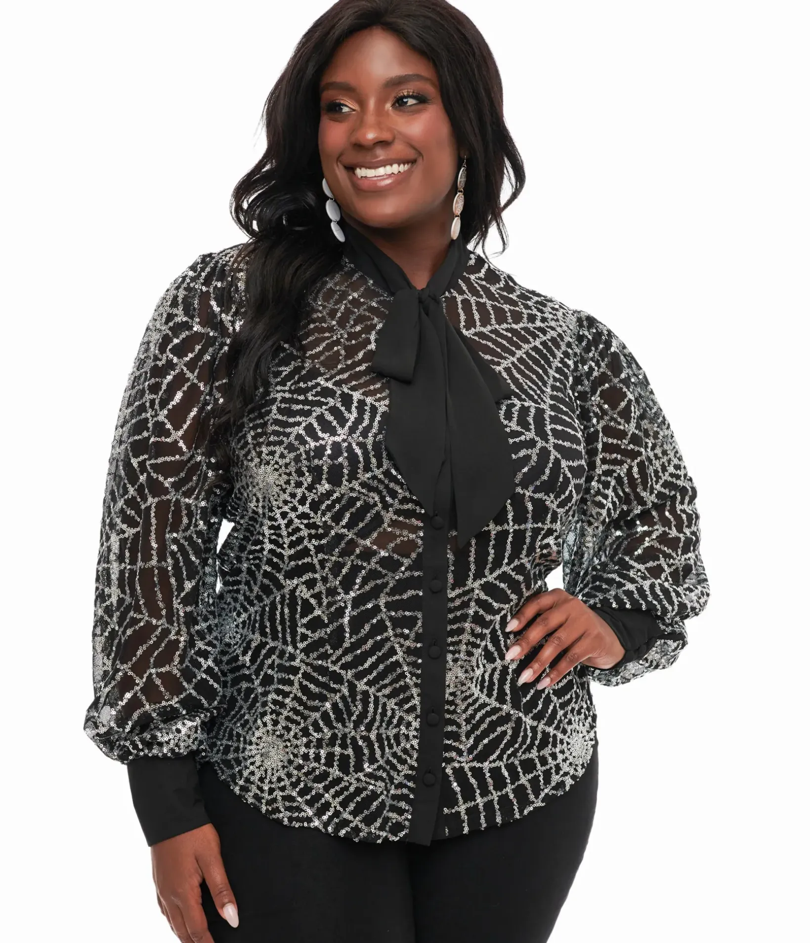Unique Vintage Blouses|Blouses>Plus Size Black & Silver Sequin Spiderweb Sheer Gwen Blouse