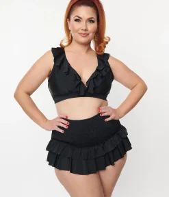 Unique Vintage Swim Bottoms|Two Piece Swim>Plus Size Black Smocked Ruffle Swim Bottom