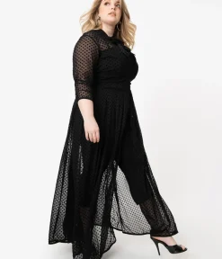 Unique Vintage Maxi|Midi & Maxi>Plus Size Black Swiss Dot Starlet Duster