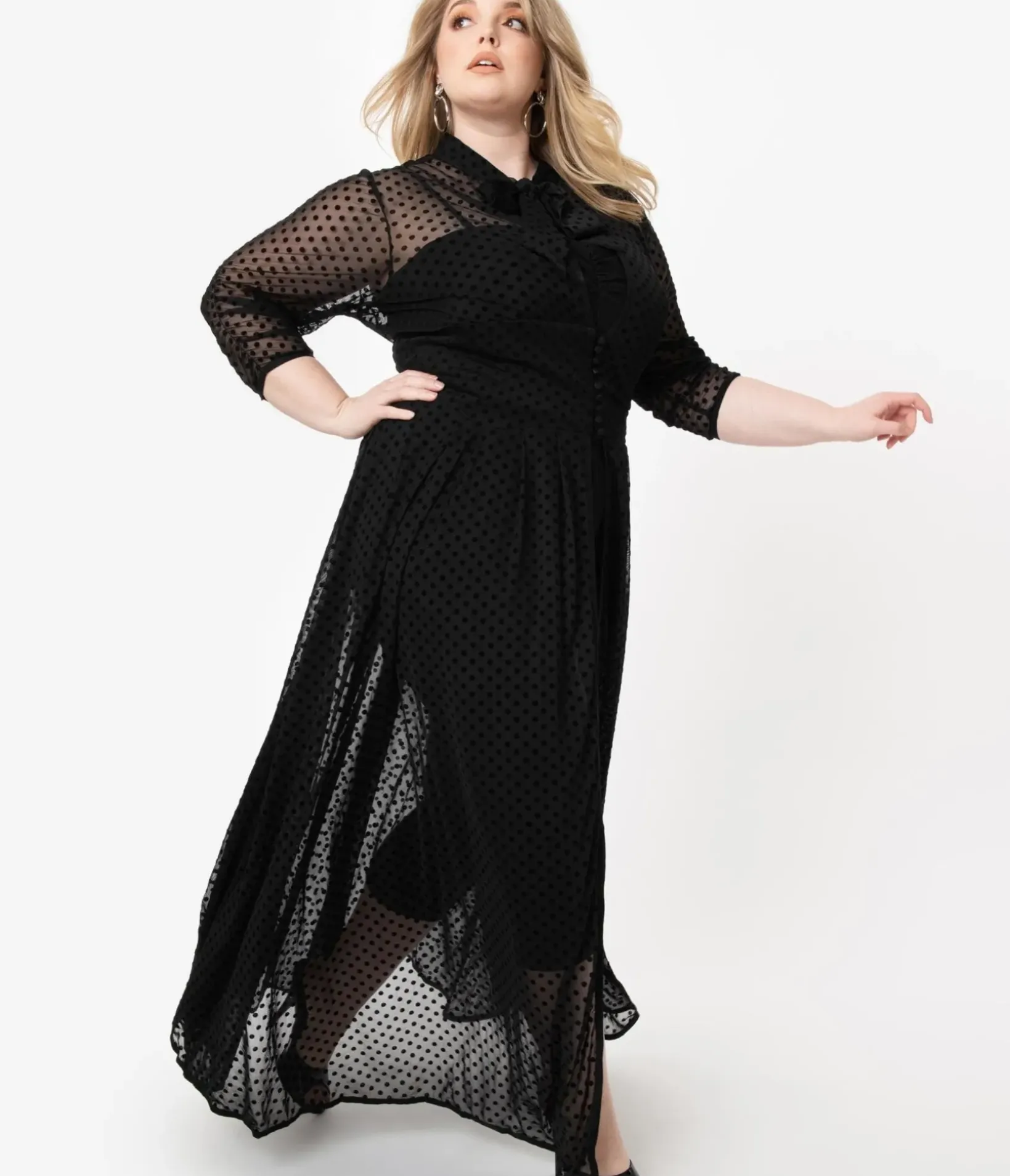 Unique Vintage Maxi|Midi & Maxi>Plus Size Black Swiss Dot Starlet Duster