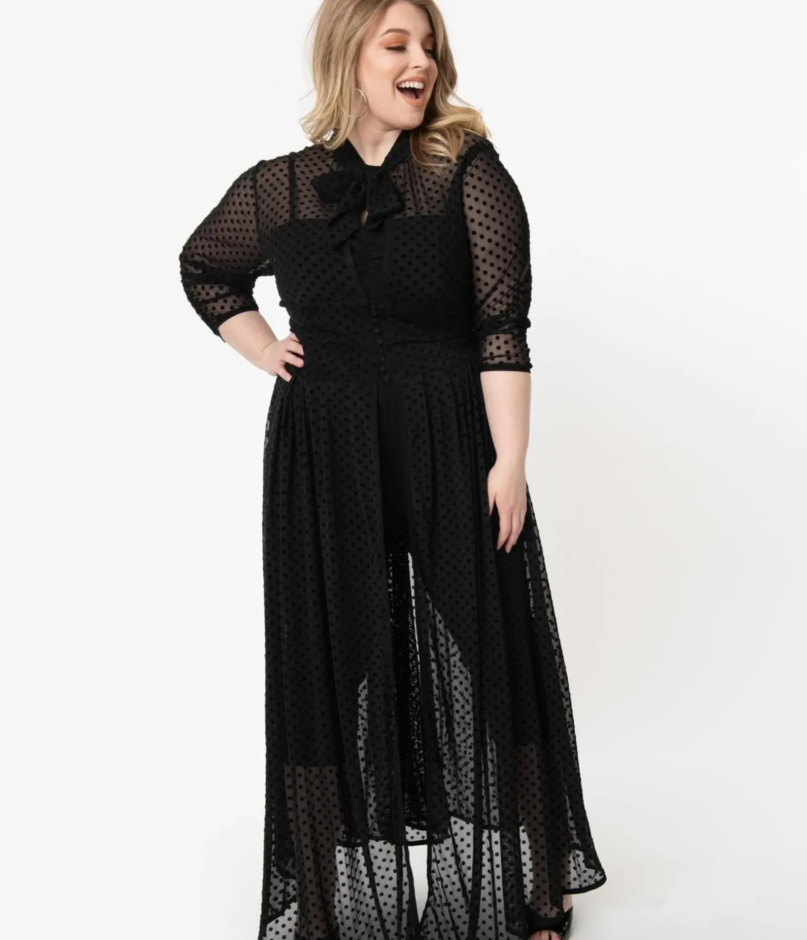 Unique Vintage Maxi|Midi & Maxi>Plus Size Black Swiss Dot Starlet Duster