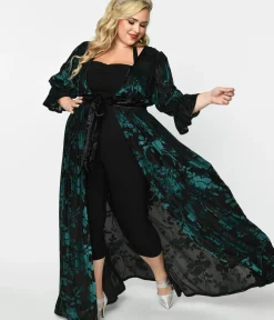 Unique Vintage Maxi|Midi & Maxi>Plus Size Black & Teal Floral Velvet Burnout Duster
