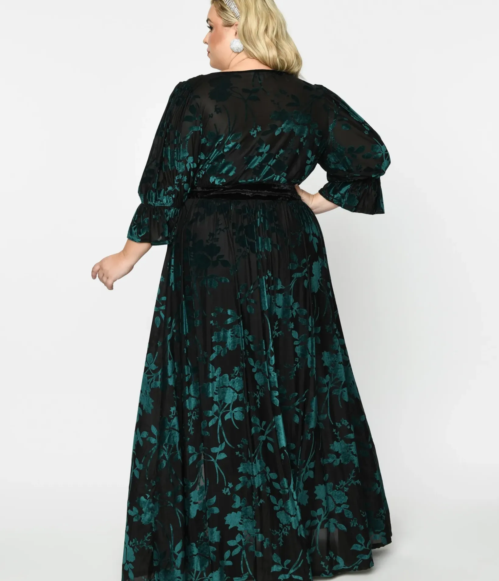 Unique Vintage Maxi|Midi & Maxi>Plus Size Black & Teal Floral Velvet Burnout Duster